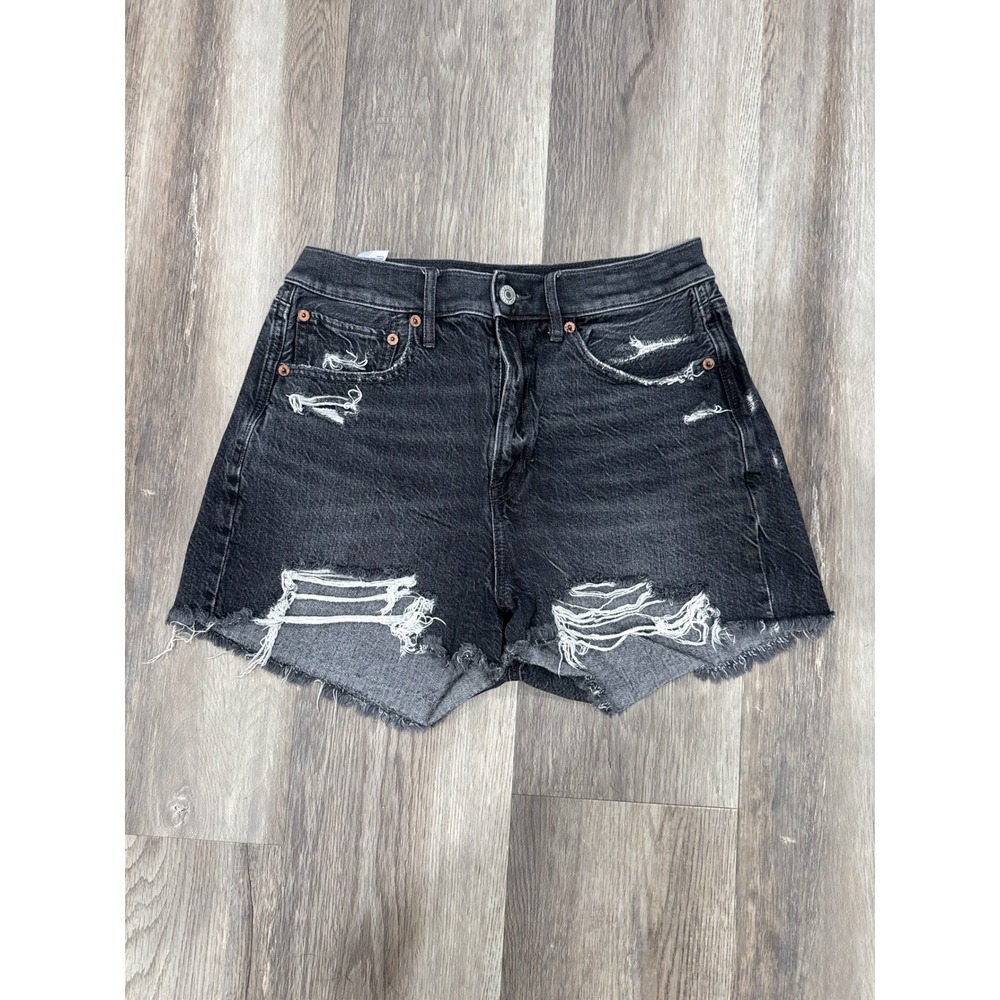 American Eagle Black Distressed Denim Shorts High Waisted Raw Hem Size 6